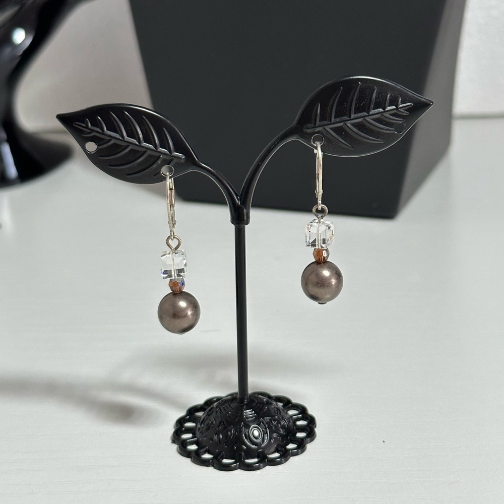 Grey Pearl and Swarovski Crystal Earrings